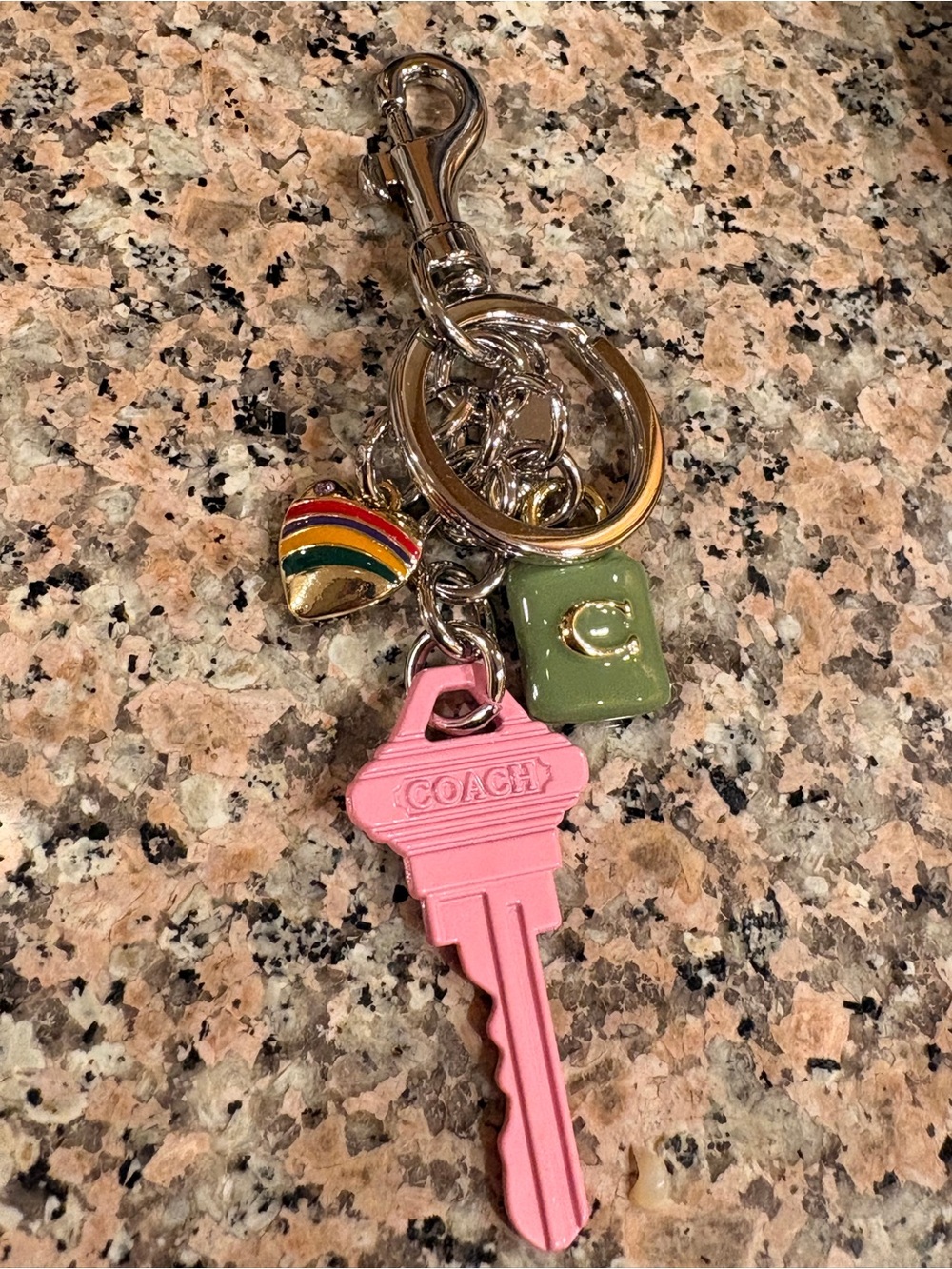 Pink Key Charm with Green 'C' Tile and Rainbow Heart Accent - Picture 4 of 6